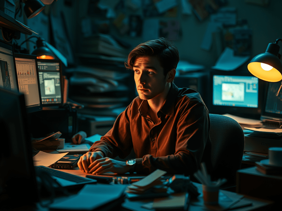 Mann überfordert zwischen Stapeln an Arbeit und Bildschirmen