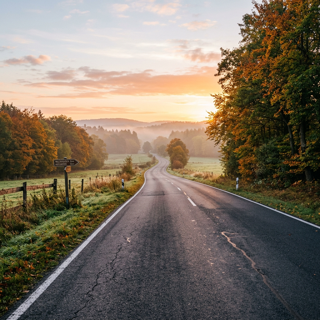 Winding rural road with autumn trees and rising sun in the background